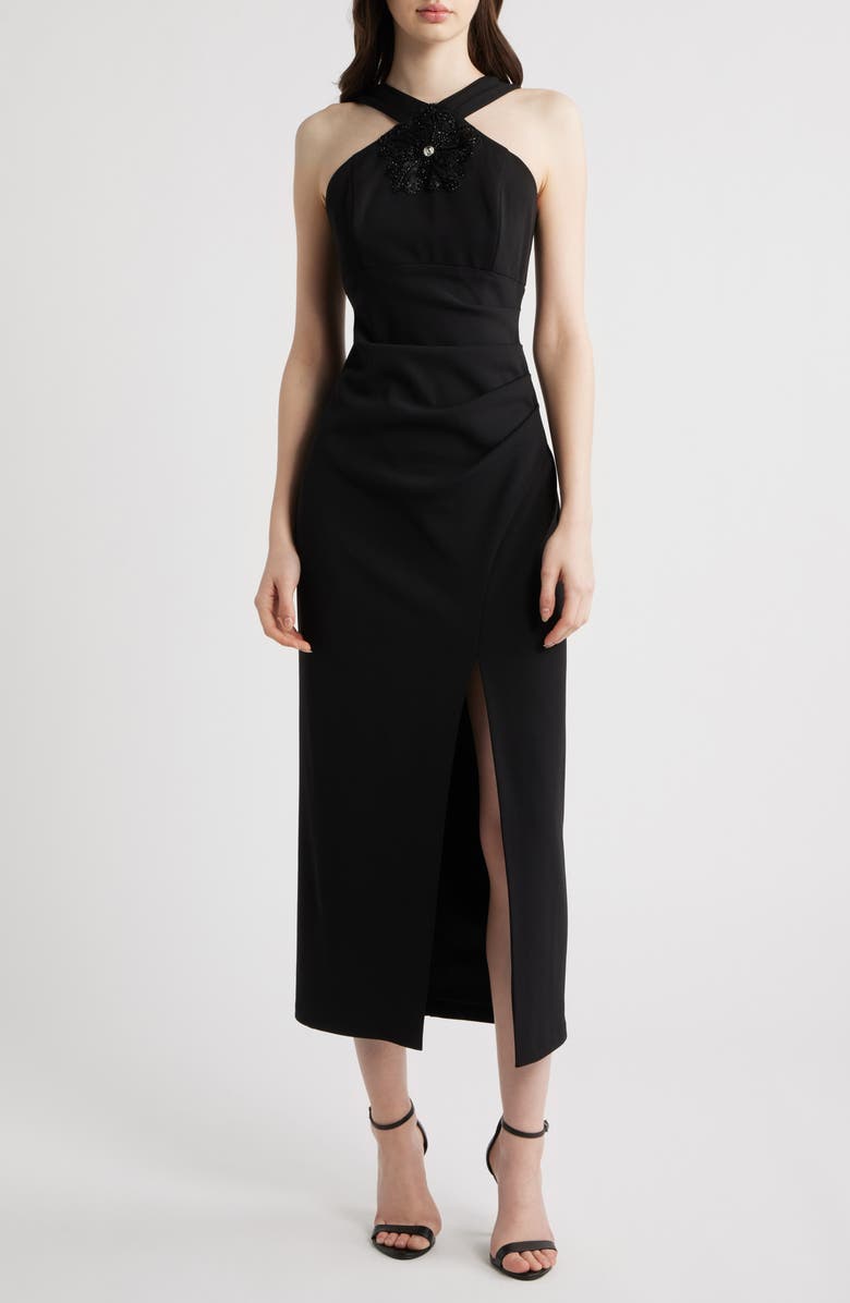 Eliza J Halter Neck Ruched Cocktail Dress, Main, color, Black