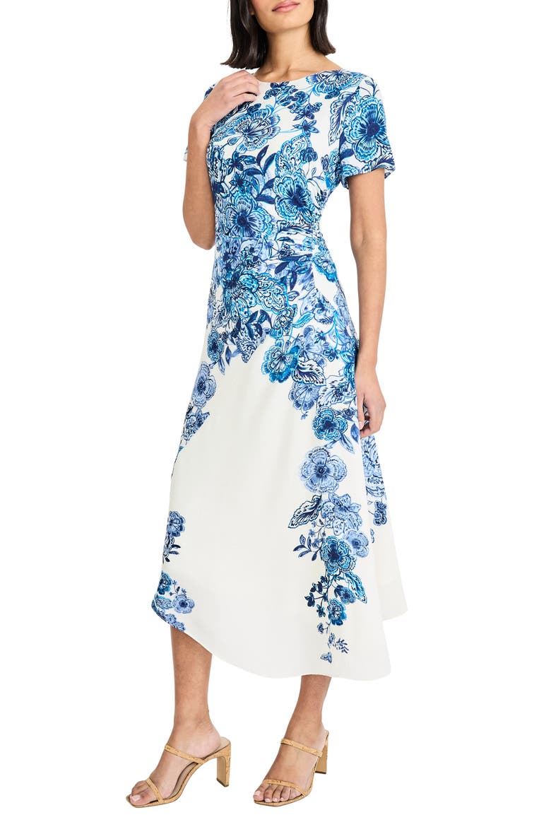 Cap Sleeve Asymmetrical Midi Dress, Alternate, color, WHISPER WHITE/ DUTCH BLUE