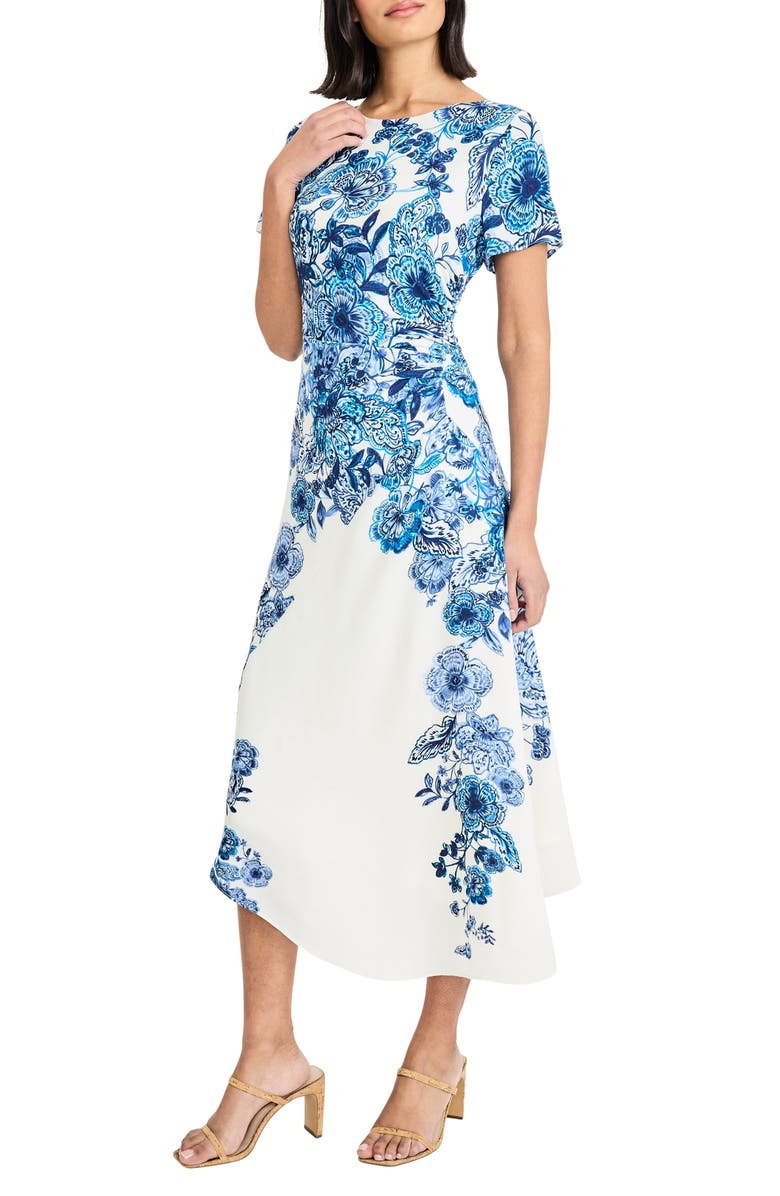 Maggy London Cap Sleeve Asymmetrical Midi Dress, Alternate, color, Whisper White/ Dutch Blue