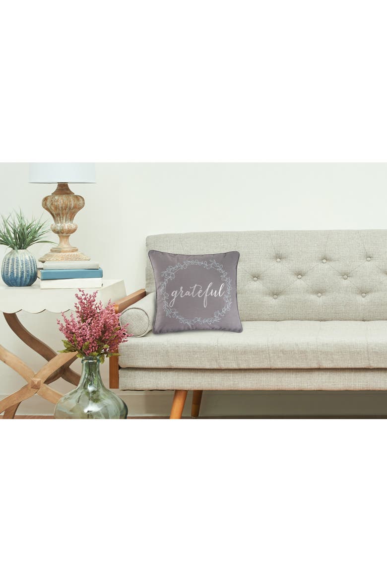 "Grateful" Cursive Wreath Embroidered 100% Cotton Accent Throw Pillow 18" x 18", Alternate, color, Gray
