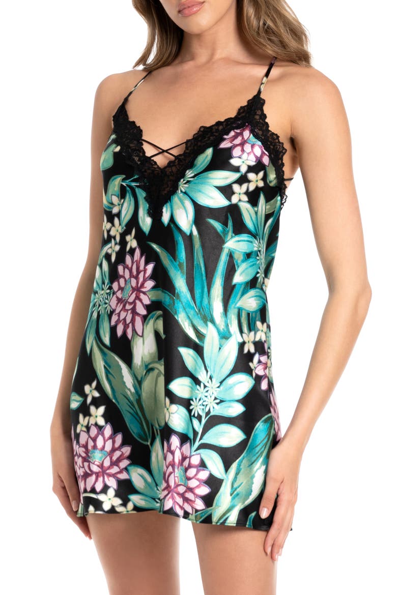Adeline Lace Trim Satin Chemise, Main, color, BLACK