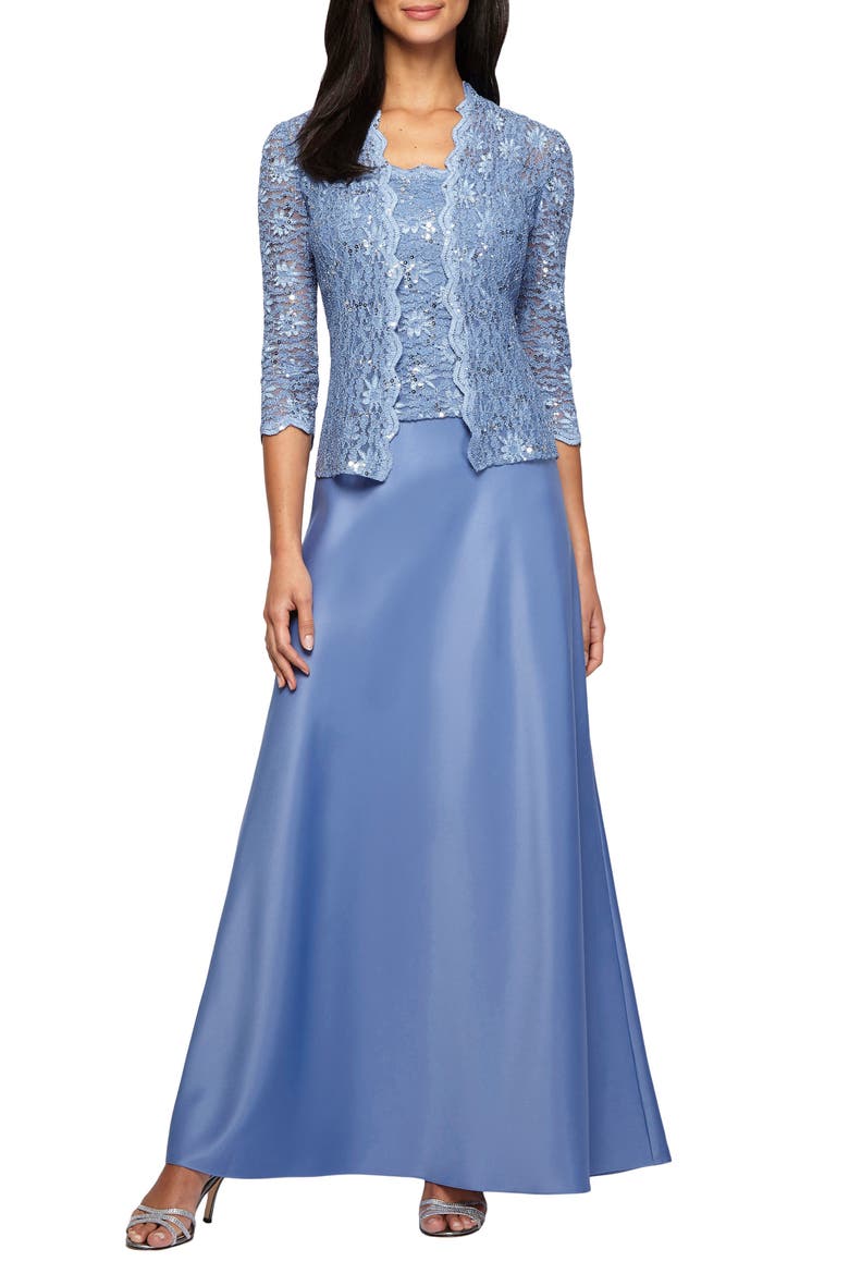 Sequin Lace & Satin Gown with Jacket, Alternate, color, ANTIQUE BLUE