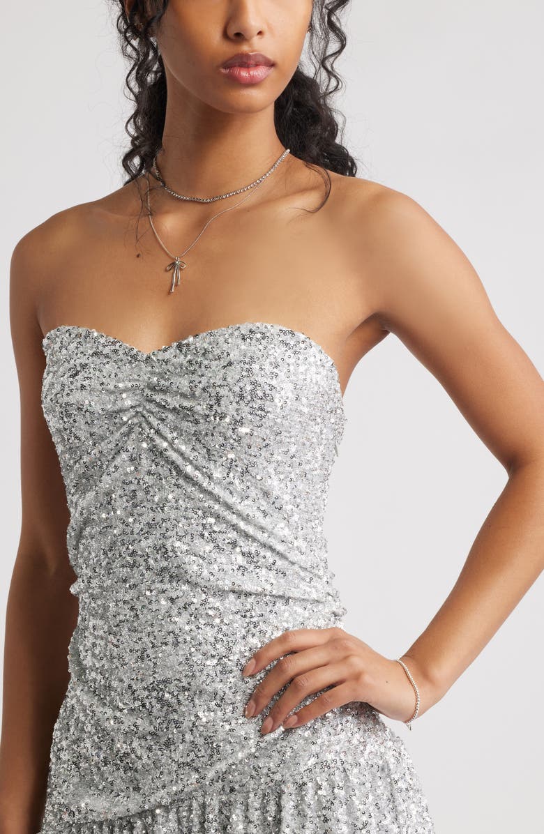 BP. Strapless Sequins Flounce Hem Minidress, Alternate, color, Silver