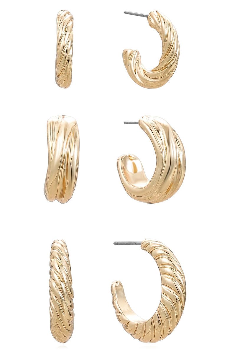 Ettika Ribbed Hoop Earrings Set, Main, color, Gold
