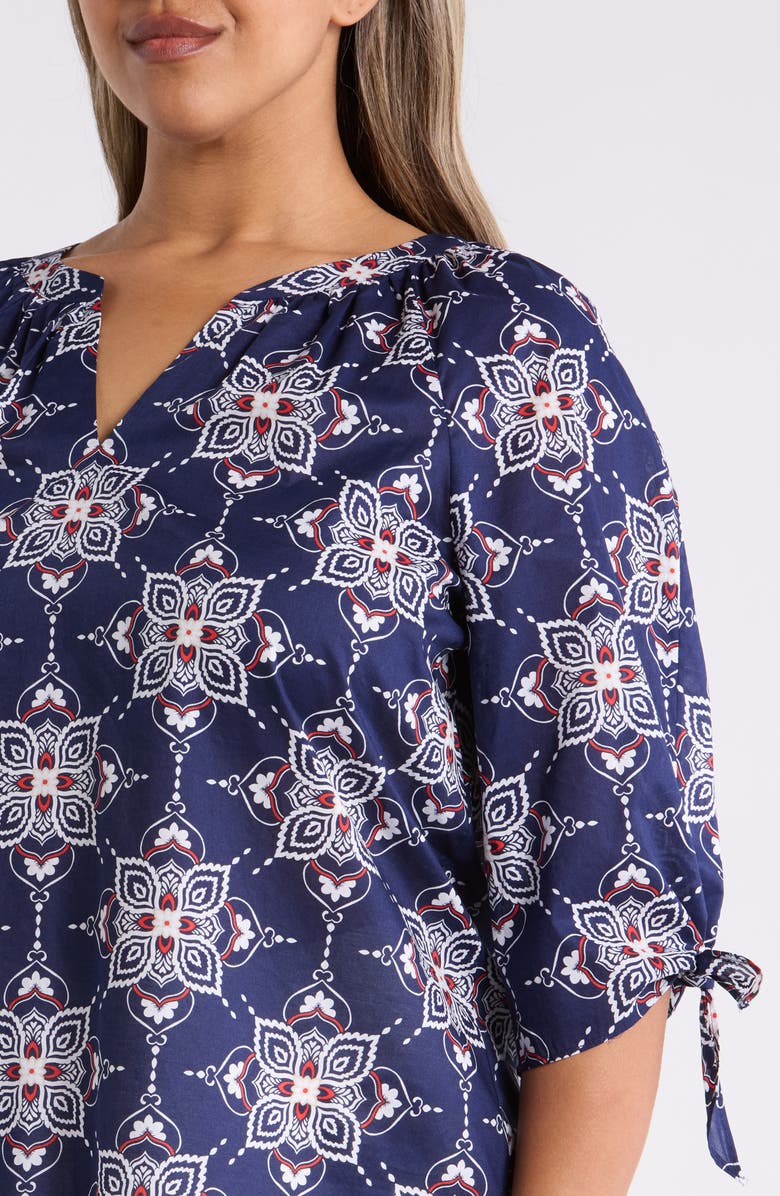 Jones New York Printed Tie Cuff Raglan Sleeve Cotton Top, Alternate, color, Pacific Navy Multi