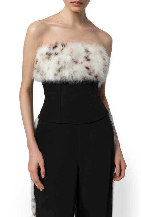 Ivy Stretch Crepe Corset Top with Faux Fur Trim