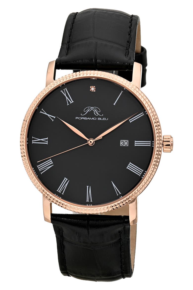Veritas 1 Croc Embossed Leather Strap Watch, 40mm, Main, color, ROSE