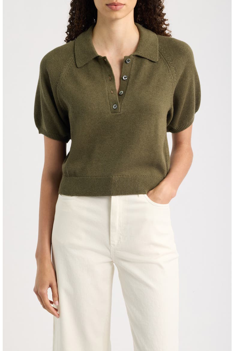 Birch Puff Sleeve Organic Cotton Blend Polo Sweater, Main, color, MIXED HERB