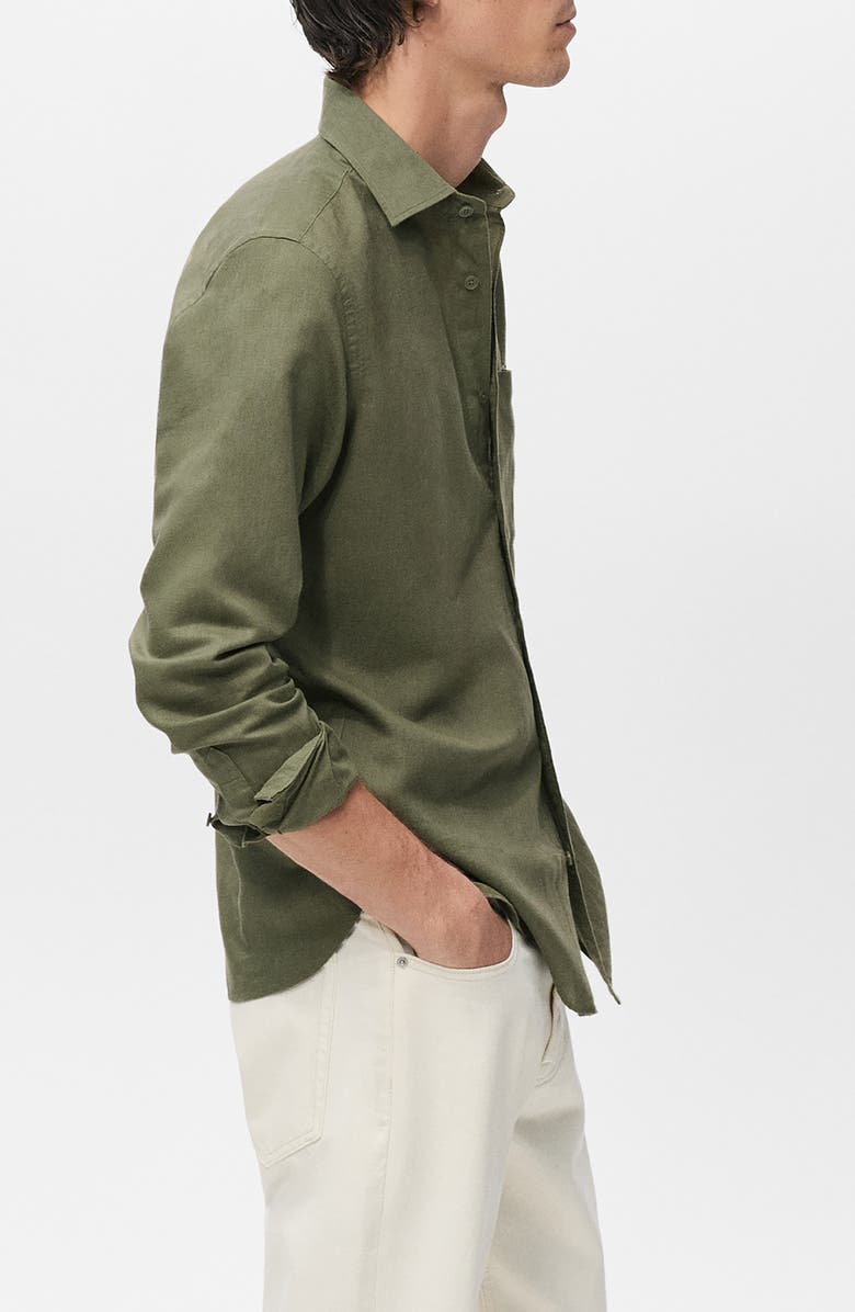 MANGO Linen & Cotton Blend Button-Up Shirt, Alternate, color, Dark Green