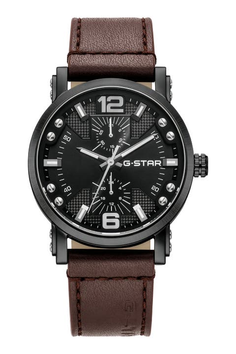 Rovic - 42mm, Black Dial, Brown Leather Strap Watch