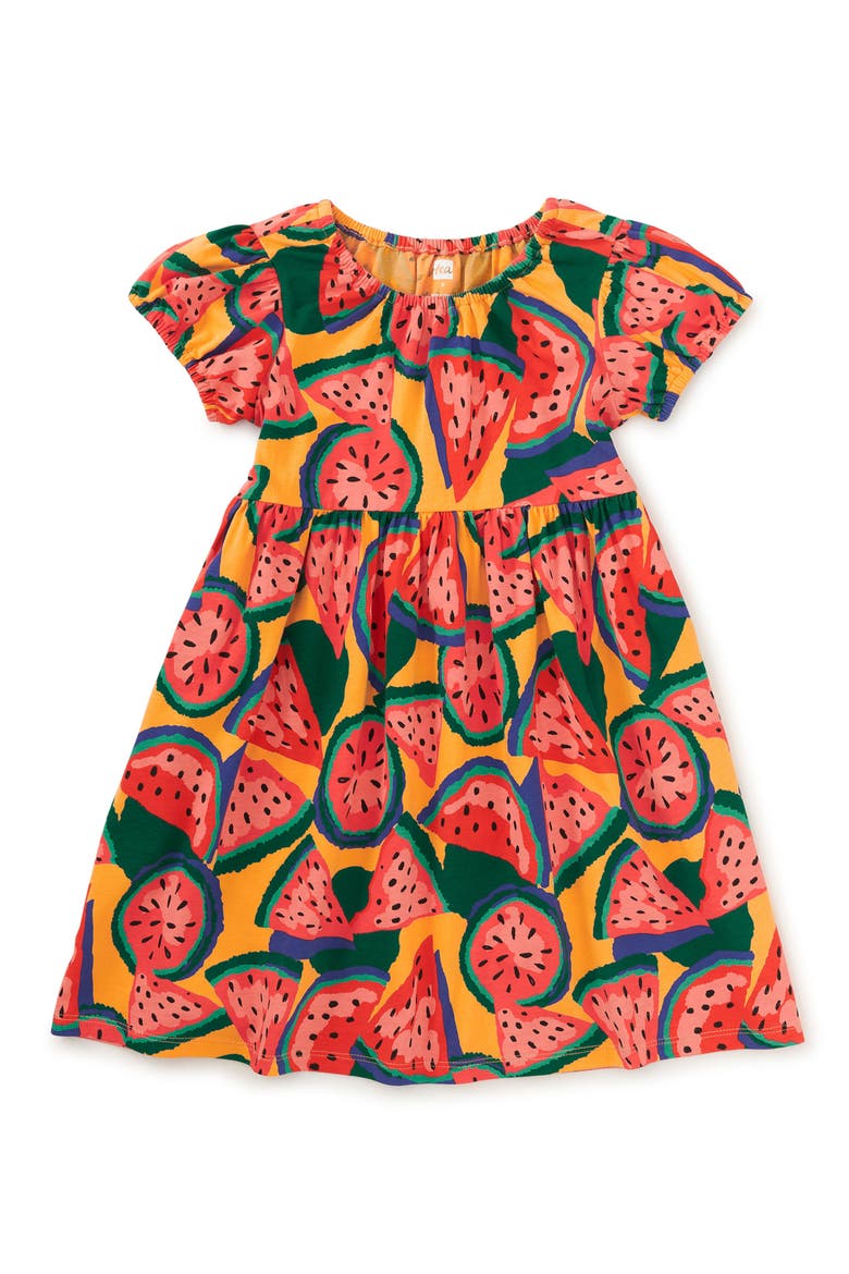 Puff Sleeve Empire Dress, Main, color, Wiggly Watermelons