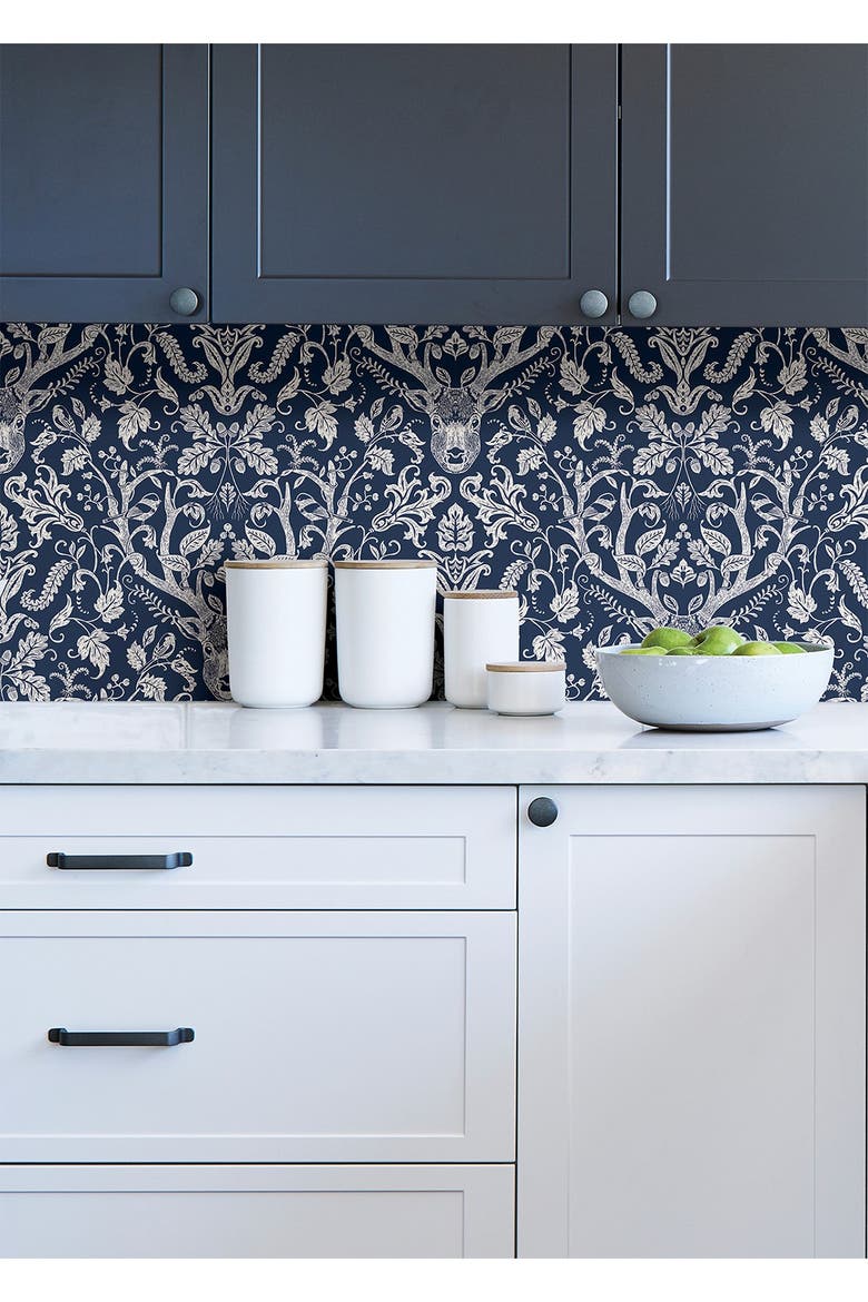 Navy Escape to the Forest Peel & Stick Wallpaper, Alternate, color, BLUE