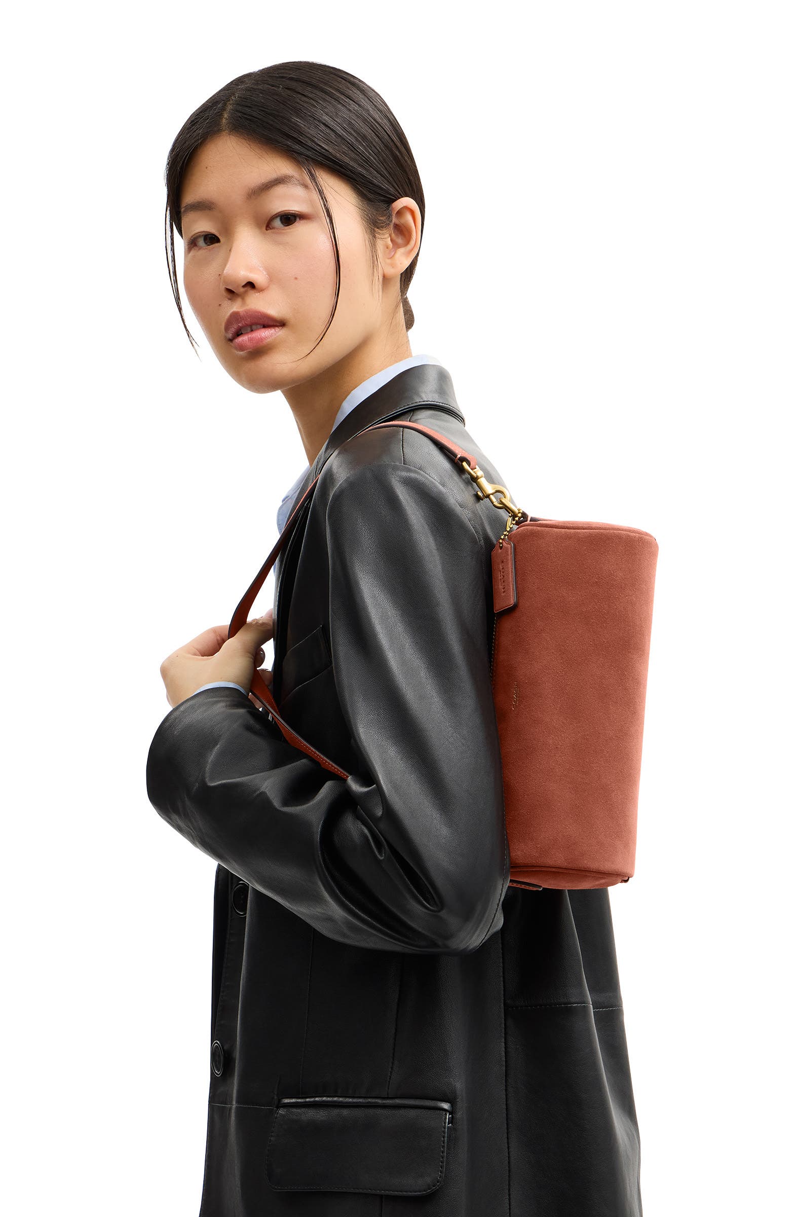 COACH Suede Barrel Bag, Alternate, color, Clay