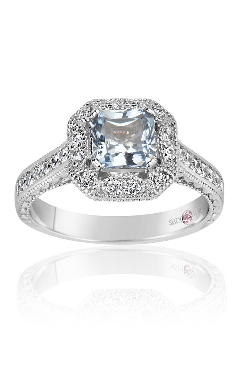 SUZY LEVIAN Sterling Silver Asscher Cut Cubic Zirconia Aquamarine Engagement Ring, Main, color, Aqua