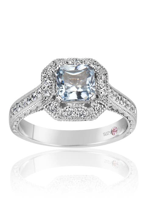 Sterling Silver Asscher Cut Cubic Zirconia Aquamarine Engagement Ring