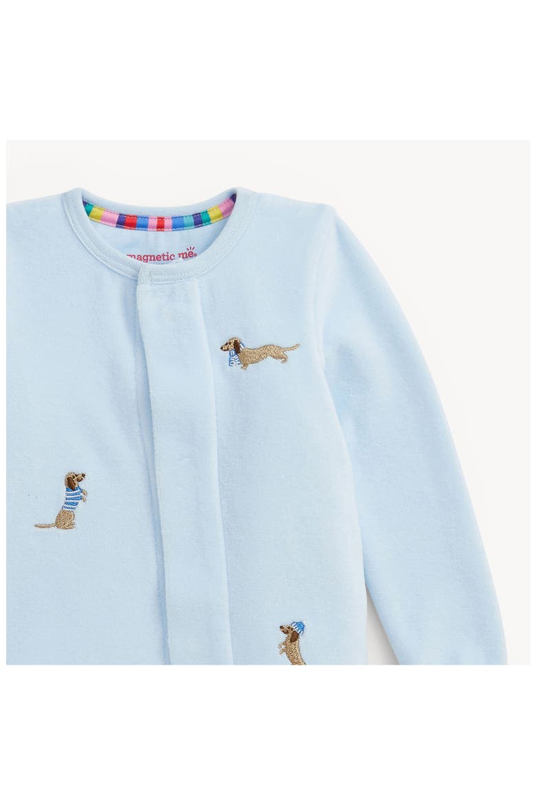 Embroidered Dogs Blue Velour Magnetic Closure Footie, Alternate, color, EDOGB