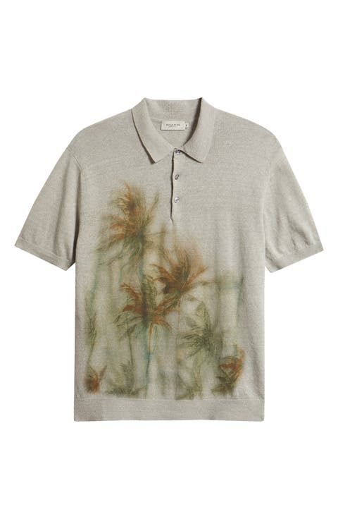 Palm Tree Graphic Linen & Cotton Polo Sweater