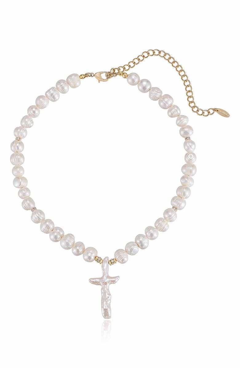 Ettika Freshwater Pearl Cross Pendant Necklace, Main, color, Gold
