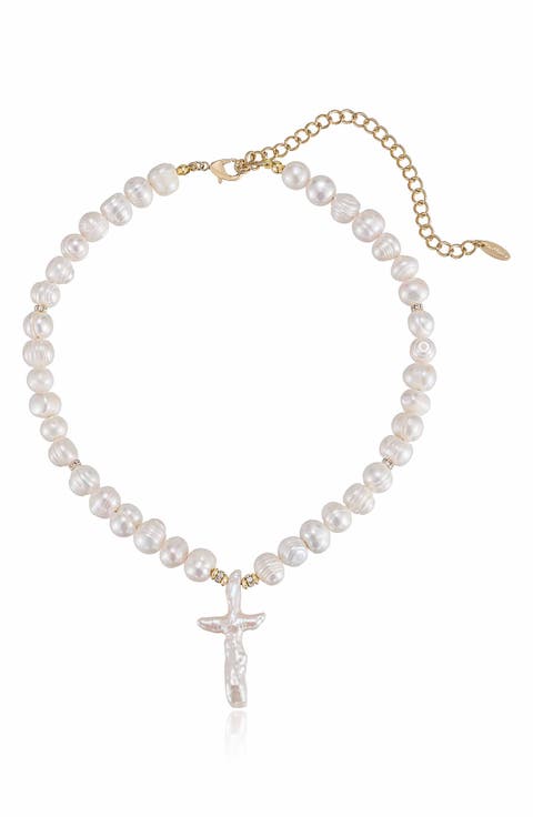 Freshwater Pearl Cross Pendant Necklace
