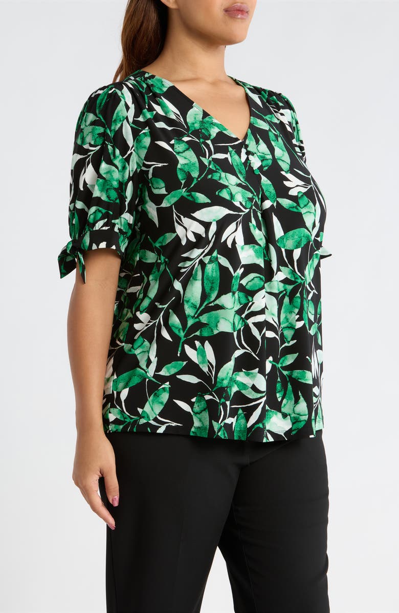 AK ANNE KLEIN Tropical Print V-Neck Tie Cuff Knit Top, Alternate, color, Anne Black Multi