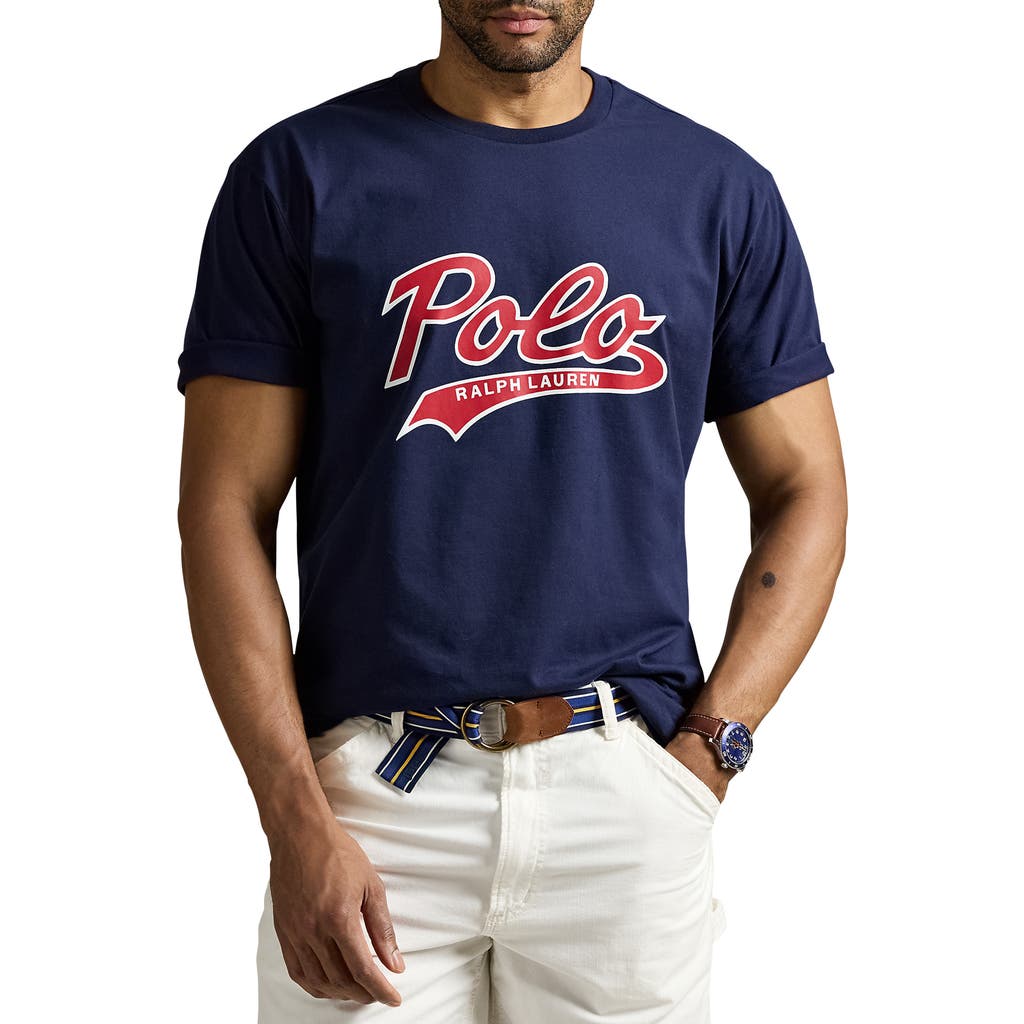 Polo Ralph Lauren Blue Crewneck T-shirt With Logo Print On The Front In Cruise Navy