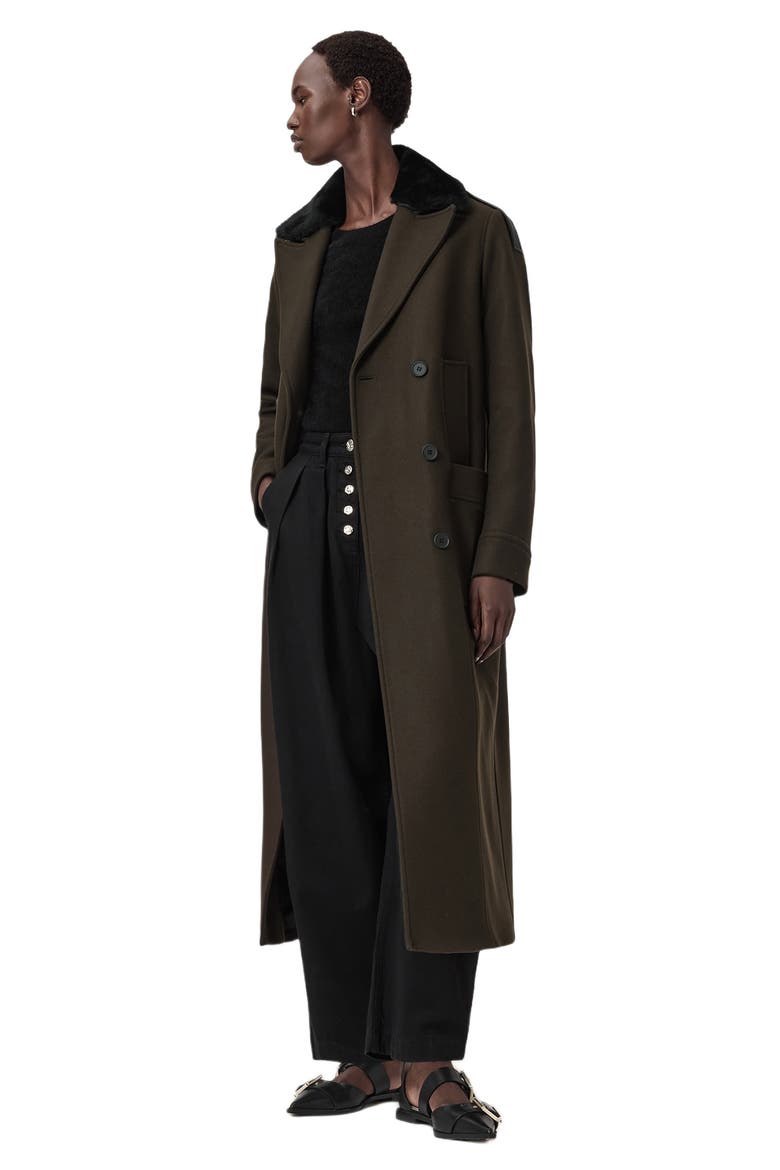 Millie Shearling Collar Wool Blend Long Coat, Alternate, color, KHAKI GREEN