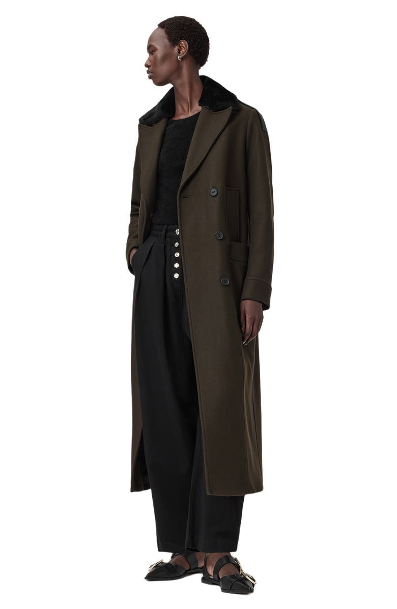 AllSaints Millie Shearling Collar Wool Blend Long Coat, Alternate, color, 