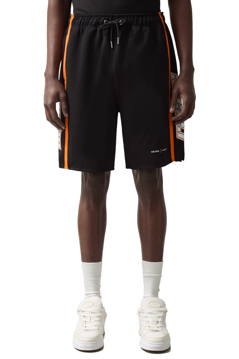 x McLaren Ride Side Stripe Drawstring Shorts, Main, color, BLACK
