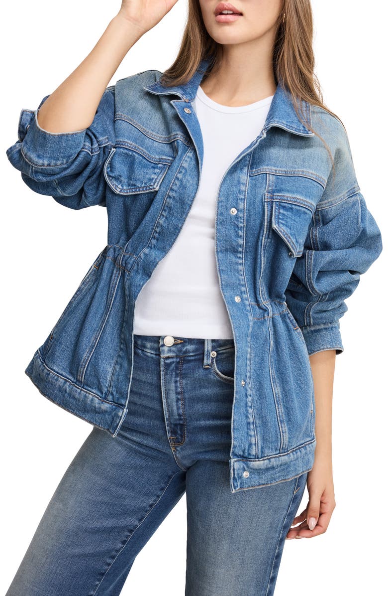 Good American Barrel Sleeve Denim Jacket, Main, color, Indigo912
