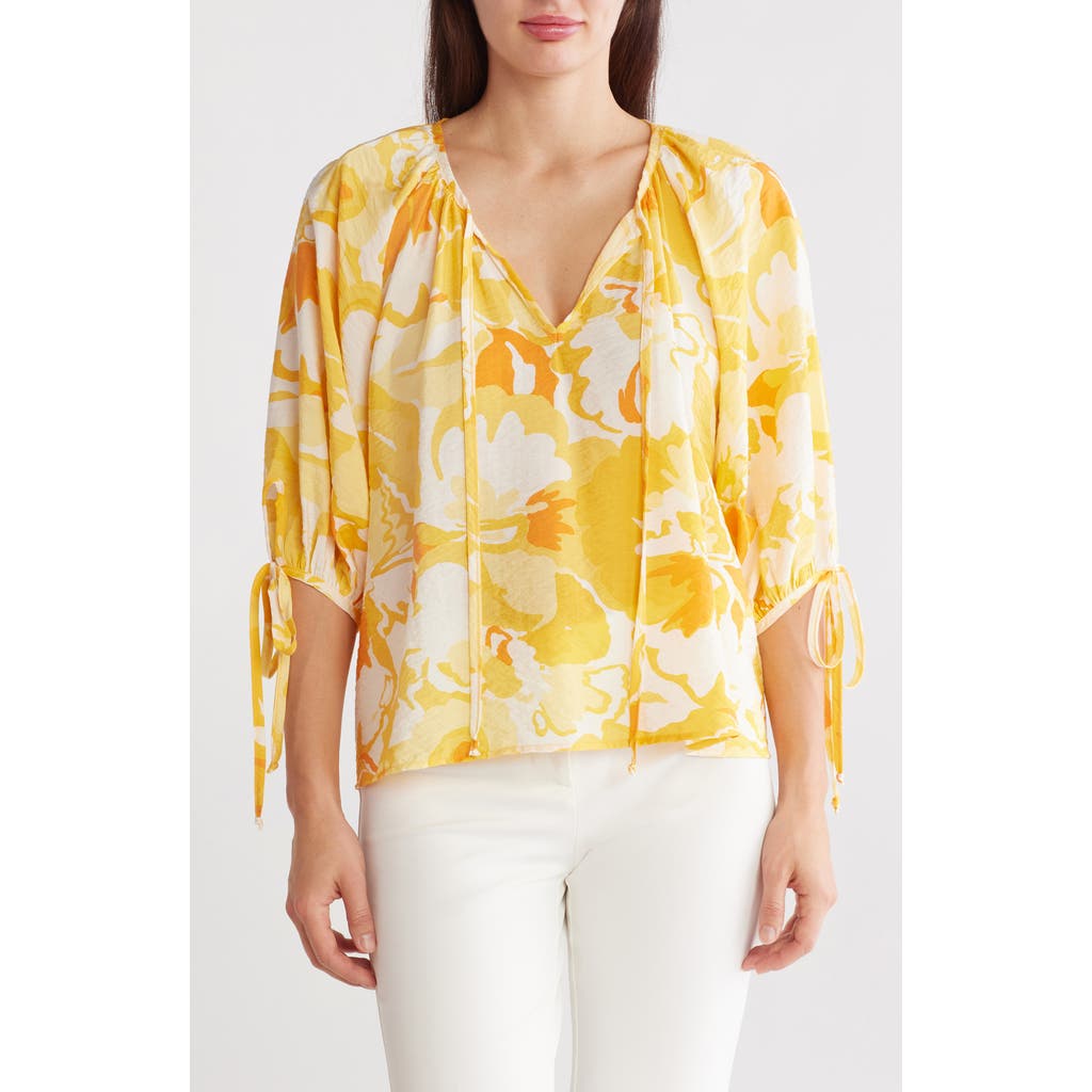 Renee C Floral Puff Sleeve Blouse In Yellow