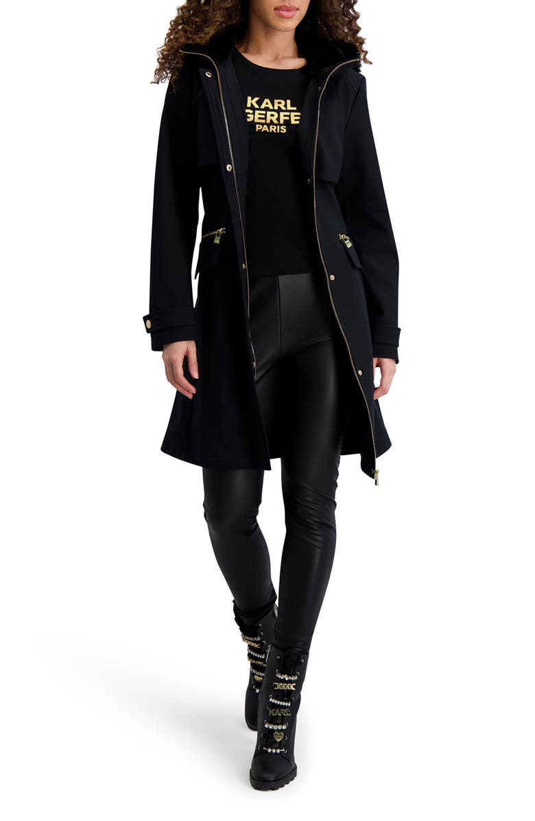 KARL LAGERFELD Water Resistant Soft Shell Coat with Removable Faux Fur Trim, Alternate, color, Black