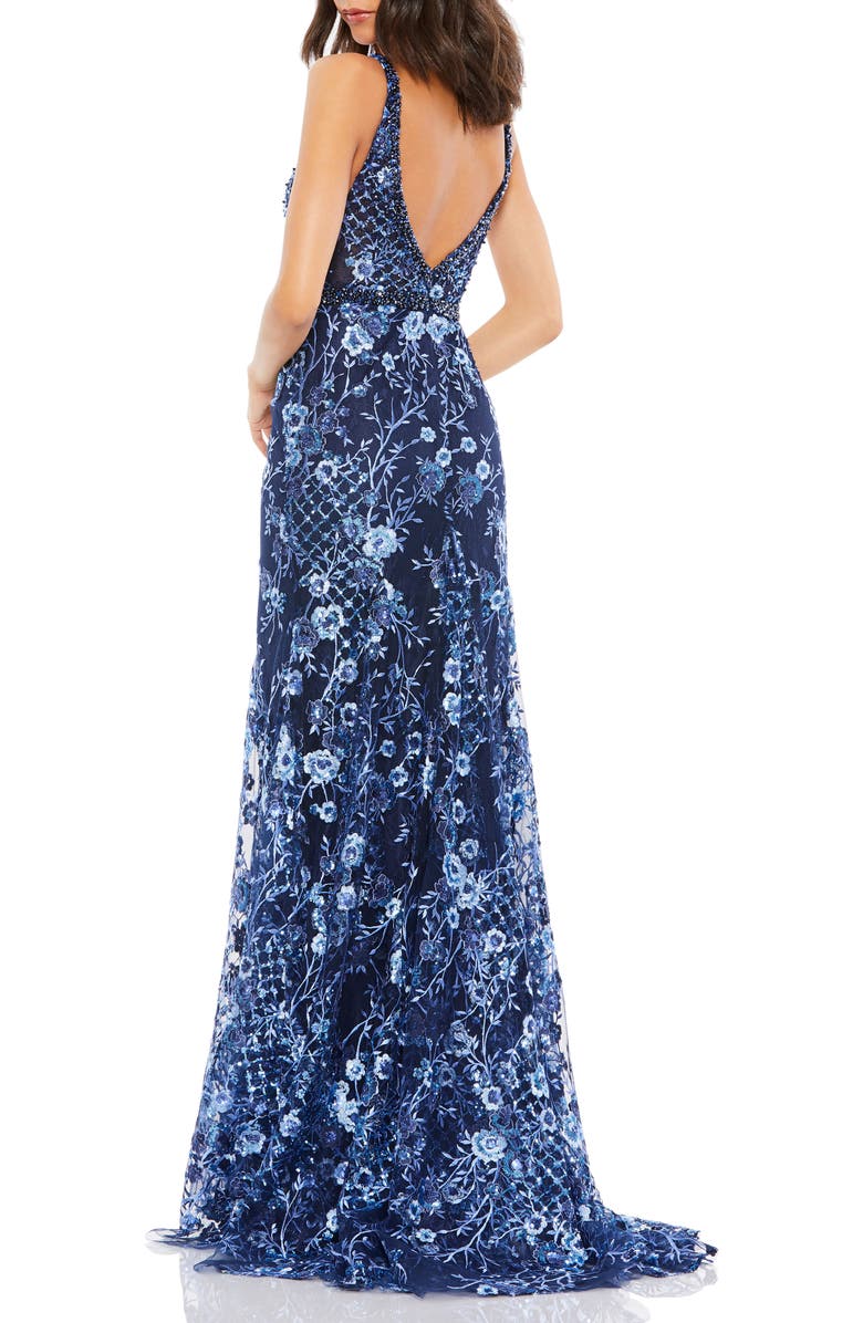 Mac Duggal Floral Embellished Sleeveless Plunge Neck Gown, Alternate, color, Twilight