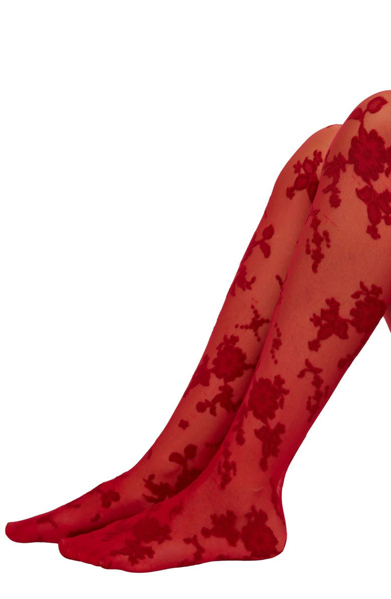 Free People Flocked Floral Tights, Main, color, Red Combo