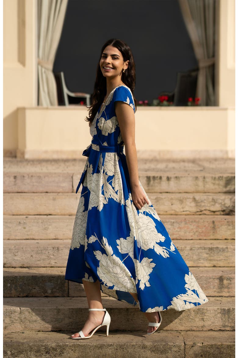 Blossom Print Dipped Hem Wrap Midi Dress, Alternate, color, Blue