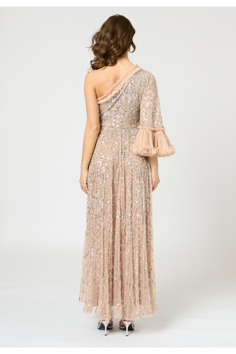 One Shoulder Embellished Sequin Beaded Maxi Dress, Alternate, color, TAUPE BLUSH