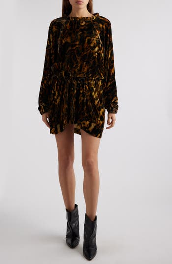 Isabel Marant Lassie Print Long Sleeve Velvet Minidress In Leopard