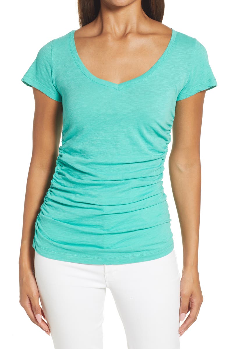 Caslon<sup>®</sup> Shirred V-Neck Tee, Main, color, 