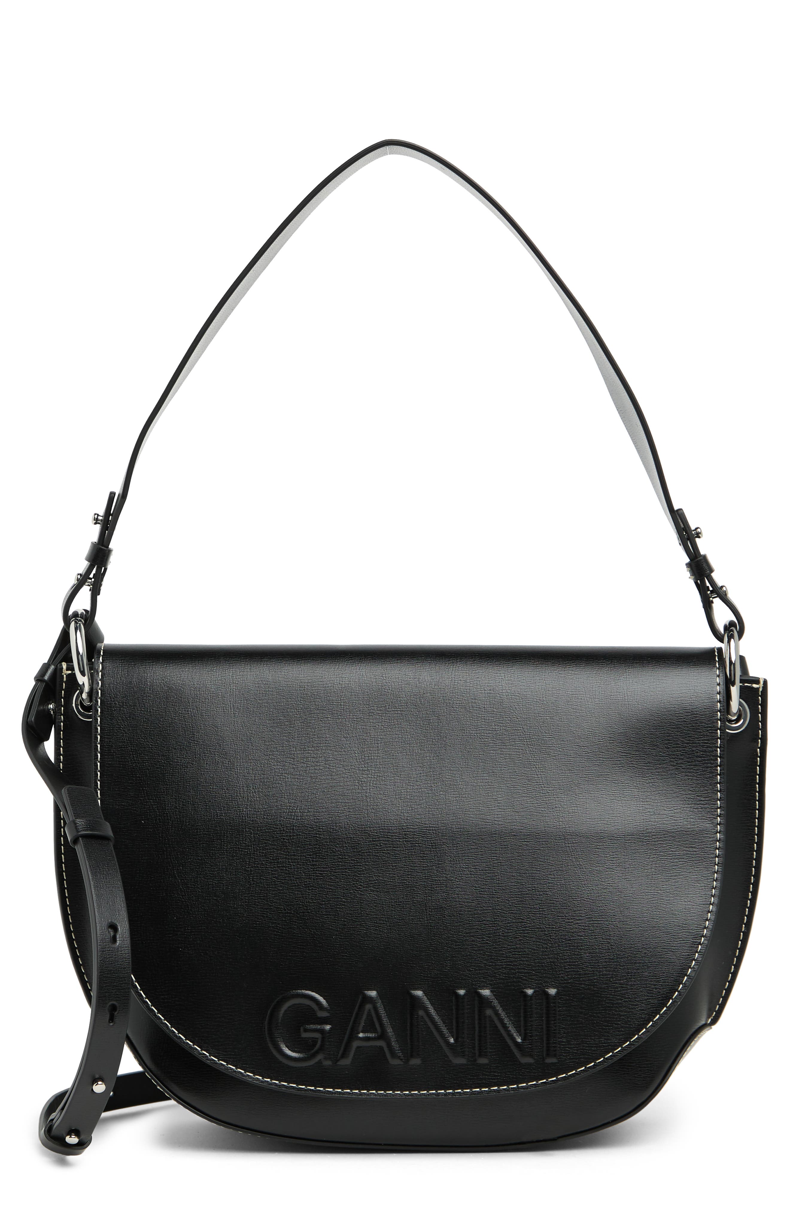 Ganni Banner Large Leather Saddle Bag, Main, color, 