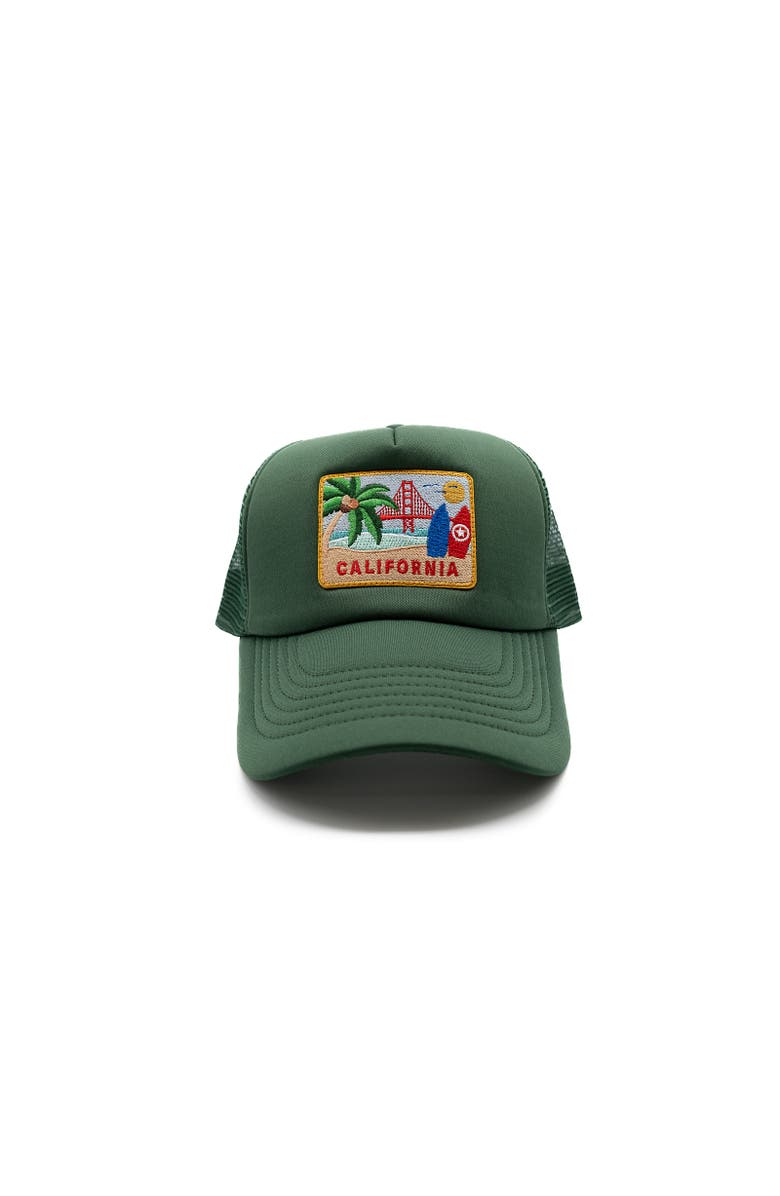 Rey To Z California Postcard Trucker Hat, Main, color, Dark Green