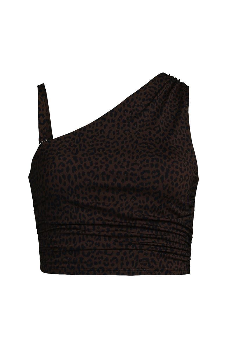 Lands' End Ruched One Shoulder Midkini Swimsuit Top, Alternate, color, Brown Leopard