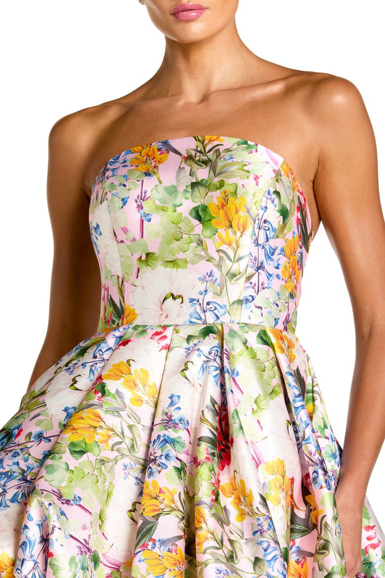 Multicolor Strapless Floral High Low Bubble Hem Gown, Alternate, color, Pastel Multi