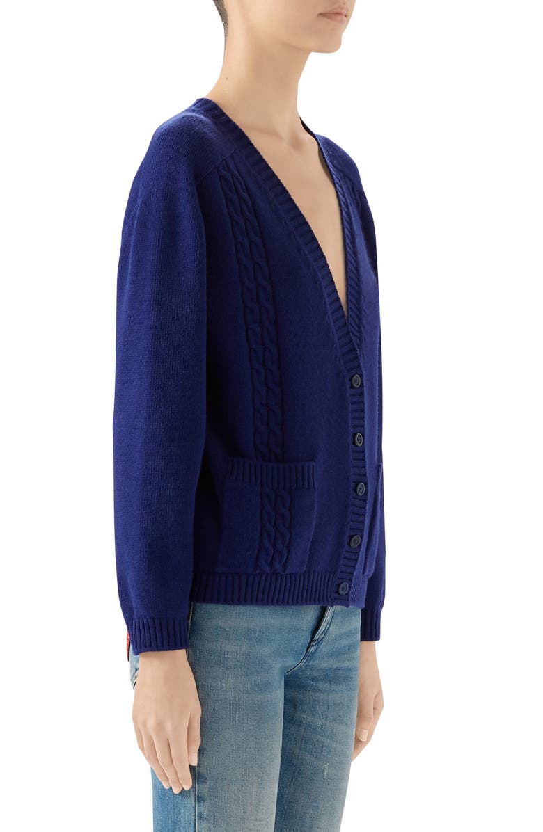 Gucci Logo Patch Cable Wool Cardigan, Alternate, color, 