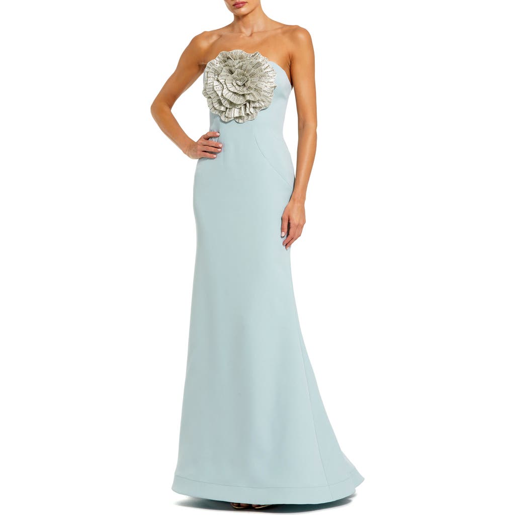 Mac Duggal Crepe Strapless Gown With 3d Rhinestone Flower In Powder Blue