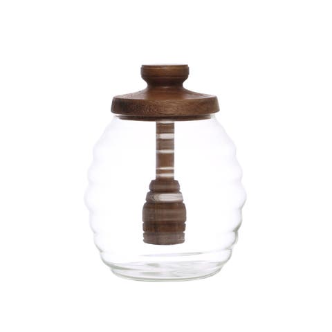 4 Inches Round 14-Ounce Glass Honey Jar with Acacia Wood Lid and Attached Honey Dipper for Kitchen, Natural