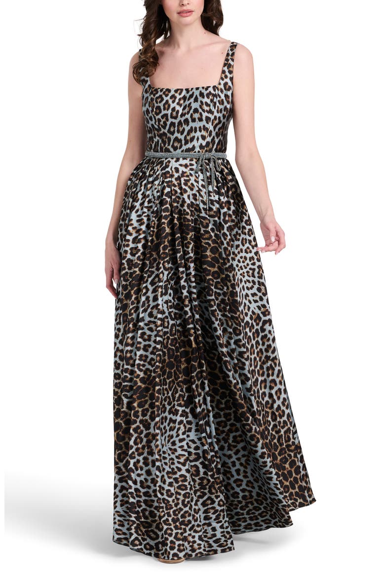 Animal Pleated Square Nek Taffeta Ballgown, Alternate, color, BLUE MULTI