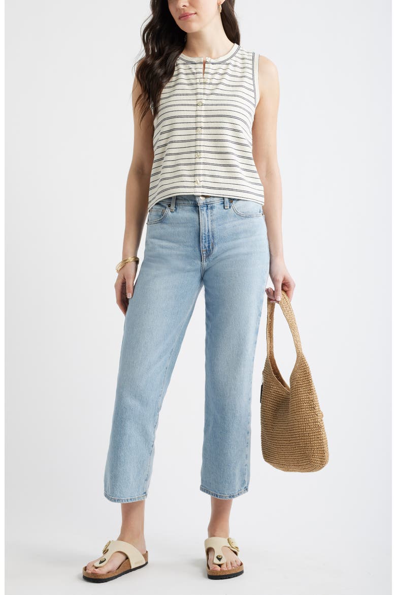 Stripe Rib Cotton Blend Button-Up Top, Alternate, color, IVORY- NAVY STRIPE