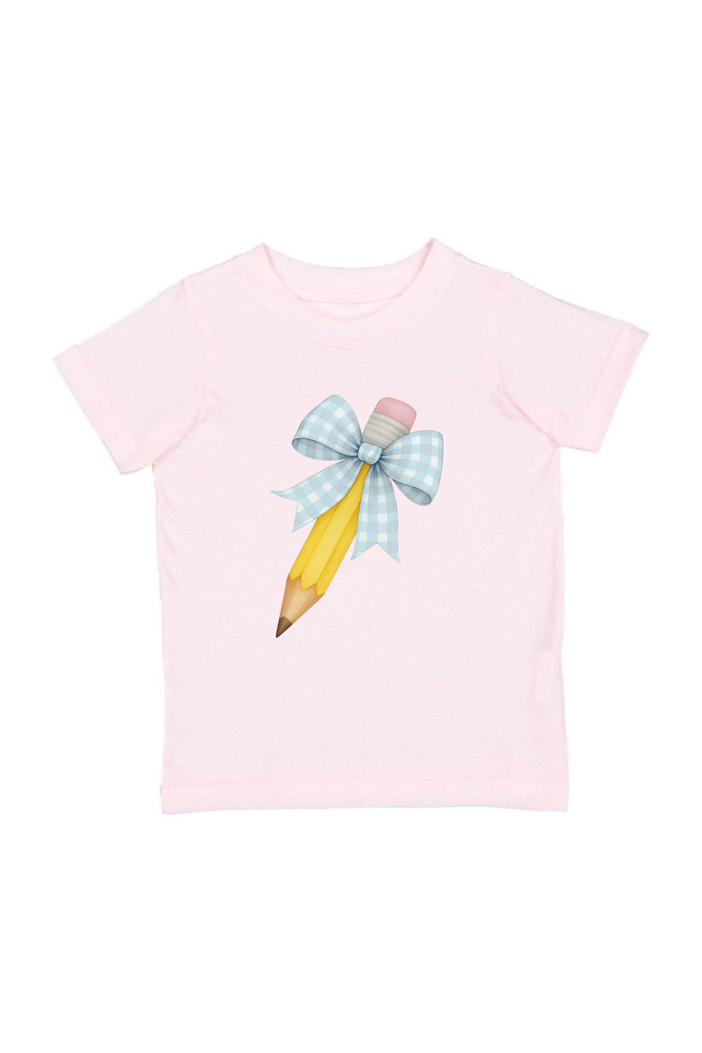Blue Plaid Pencil Bow Short Sleeve T-Shirt, Main, color, Ballet Pink