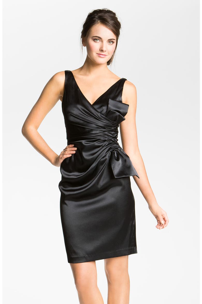 Side Bow Stretch Satin Sheath Dress, Main, color, BLACK