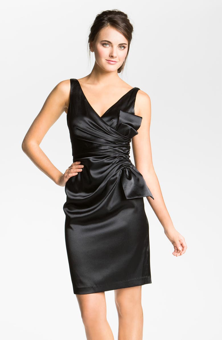 Maggy London Side Bow Stretch Satin Sheath Dress, Main, color, 