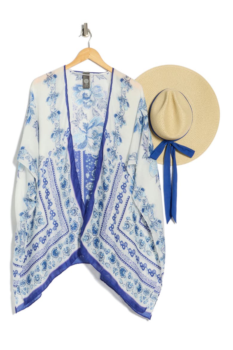 Floral Scarf Print Ruana & Straw Hat Set, Main, color, BLUE